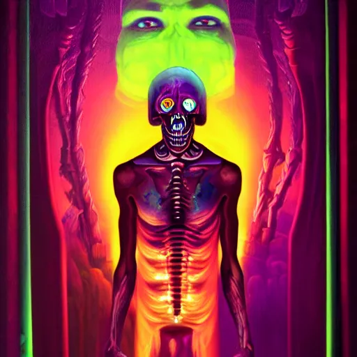 Image similar to a death tarot featuring a haitian voodoo priest with menacing eyes, blacklight neon colors, by anton semenov and android jones in cyberpunk voodoo style, oil on canvas, 8k