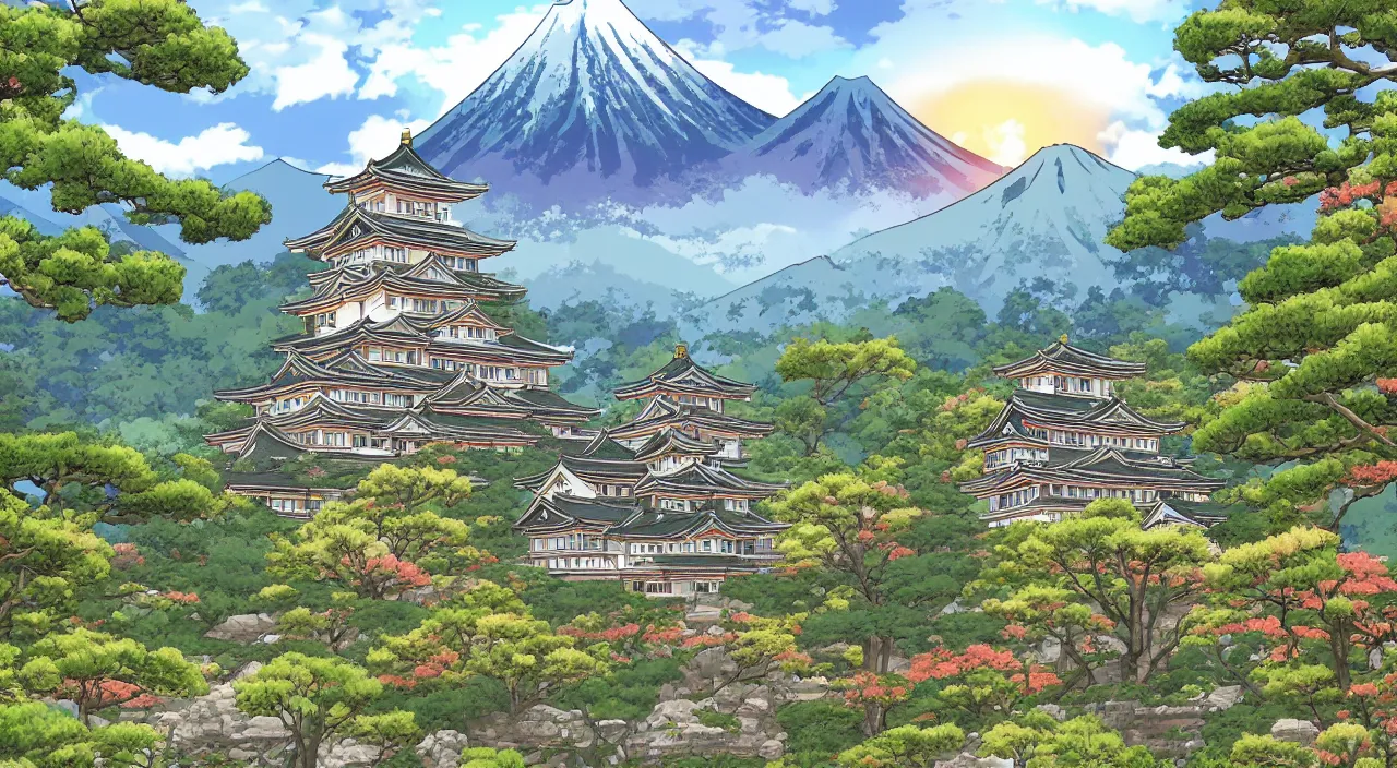 Image similar to a Japanese castle, with a garden as foreground, with mountains as background, in the style of anime