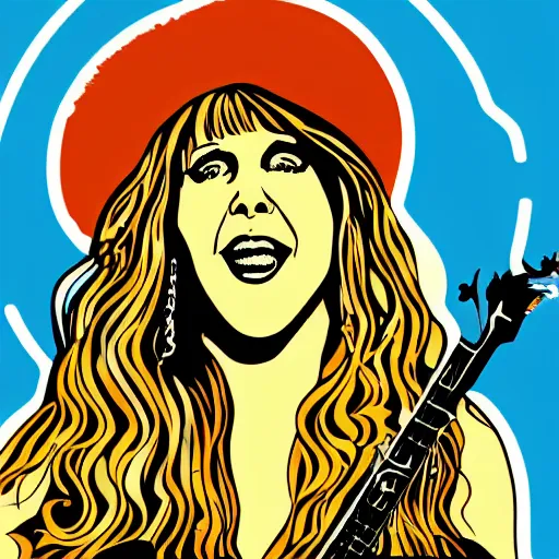 Image similar to stevie nicks playing guitar and singing, sticker - art, svg vector, adobe - illustrator