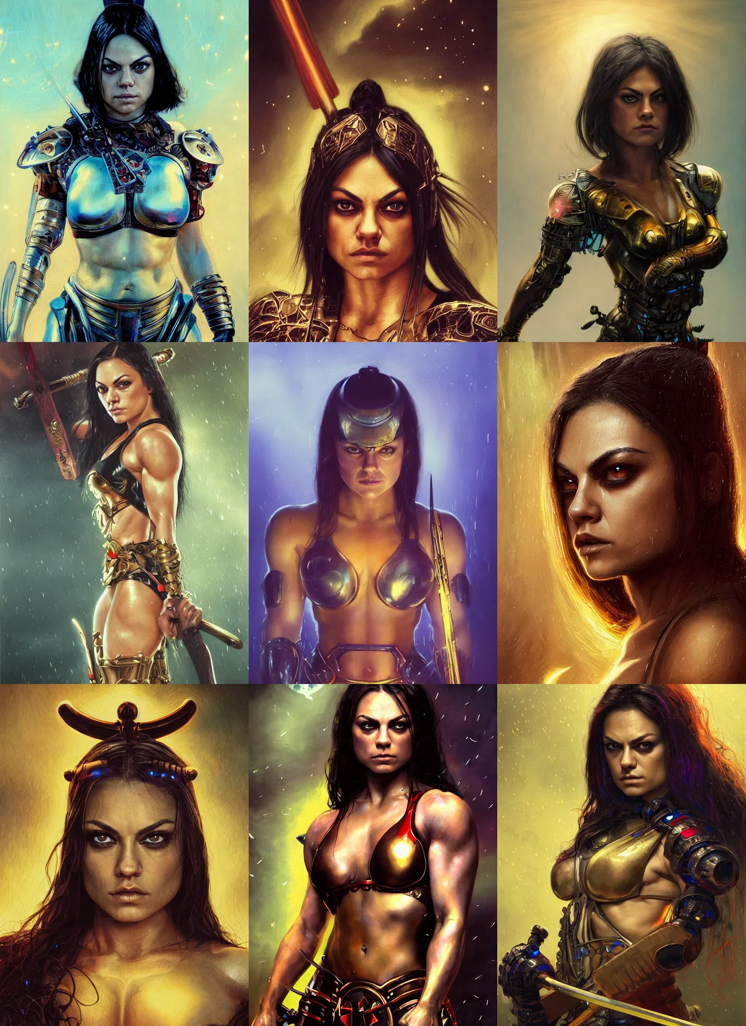 Prompt: bodybuilder mila kunis closeup portrait of a beautiful biblical diabolical samurai girl looking into the camera holding a sword, cyborg neon lit armor, foggy fireflies, cinematic studio light, golden hour, gerald brom, mikhail vrubel, peter elson, muted pastel colors, extreme detail, light rain, trending on artstation, 8 k