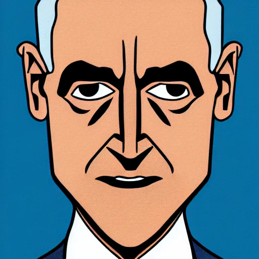 Image similar to solid glowing eyes, digital portrait of secretary of denis mcdonough face with solid glowing eyes, cover art of graphic novel, evil laugh, menacing, Machiavellian puppetmaster, villain, simple style, solid colors, clean lines, clean ink, trending on artstation