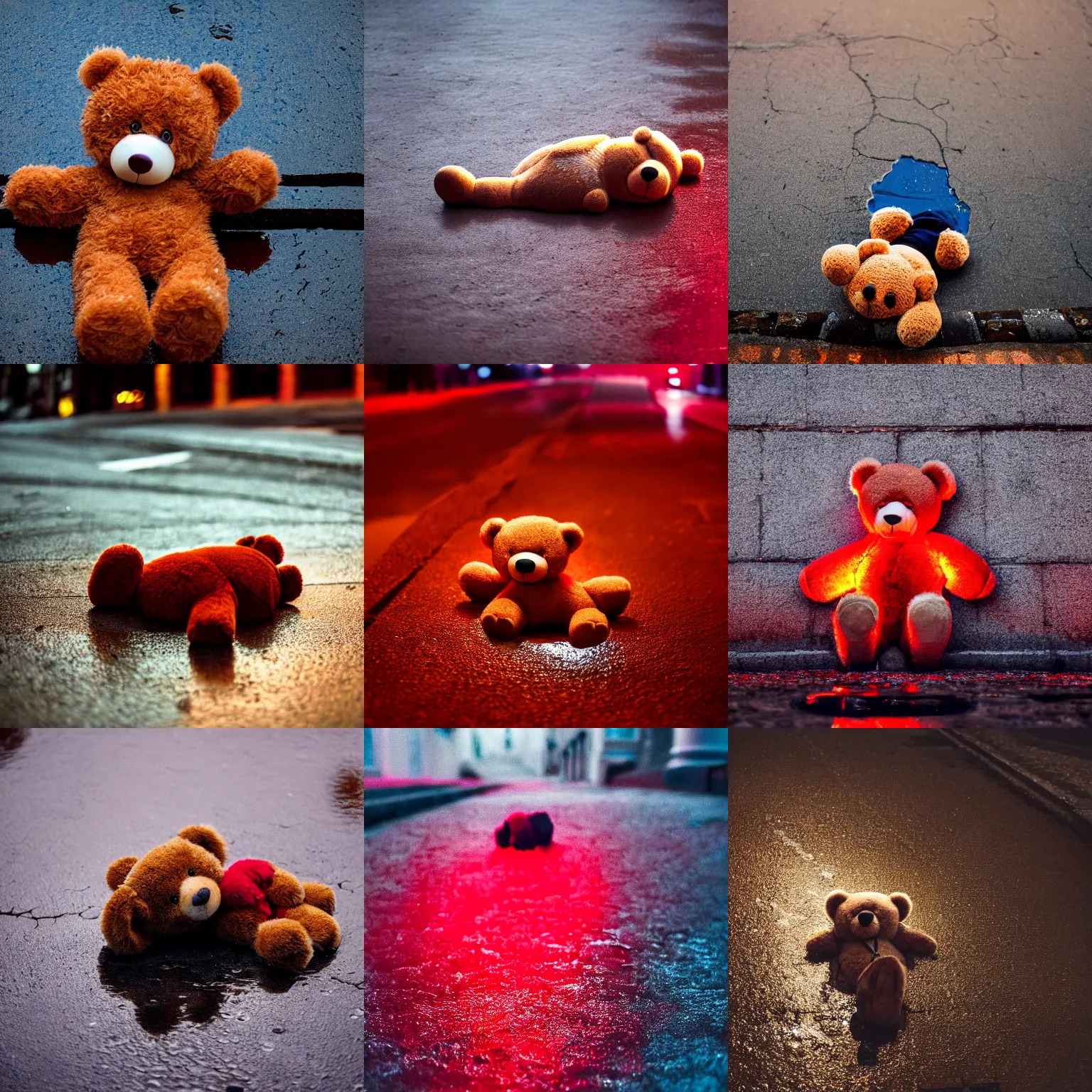 Prompt: close up photo of a teddy bear lying in a puddle in a back street, red light from left - blue light from right, cinematic, depth of field, blur, atmospheric, 8k, trending on artstation