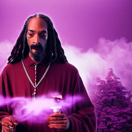 Image similar to snoop dogg dressed as gandalf with a long white bird exhaling a huge cloud of magical purple smoke in the synthwave shire, Japanese CGI, VFX, 2003, 40mm lens, shallow depth of field, film photography, volumetric lighting