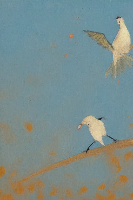 Image similar to A small, delicate bird with pale blue plumage and long, skinny legs. It is hopping on the ground, searching for food. The background is a beautiful blue sky on a autumn day. meticulous painting, by xue ji, bian luan