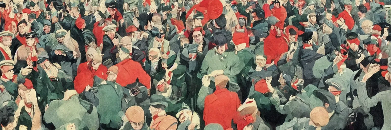 Image similar to A lot of people are standing at traffic lights and looking at their phones. soviet propaganda style