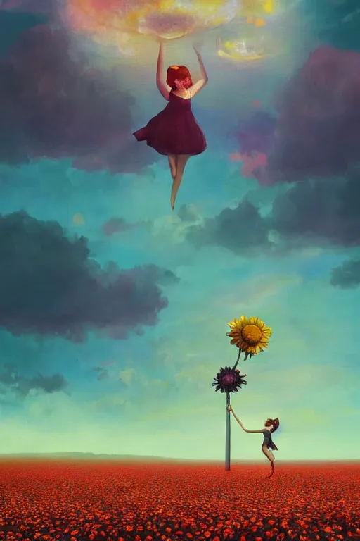 Image similar to giant daisy flower as head, girl dancing in a flower field, surreal photography, sunrise, dramatic light, impressionist painting, colorful clouds, digital painting, artstation, simon stalenhag