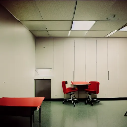 Prompt: noisy color photograph of a break room, laboratory, dark corners, minimalist, cinematic, soft vintage glow