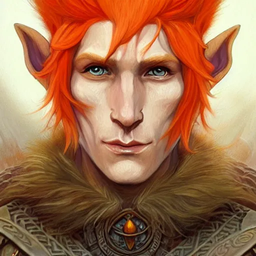 Image similar to portrait painting of an elven eladrin young man with light orange hair and tribal tattoos in his cheekbones wearing fur armor, d & d, rpg, sharp focus, award - winning, trending on artstation, masterpiece, highly detailed, intricate. art by josan gonzales and moebius and deathburger