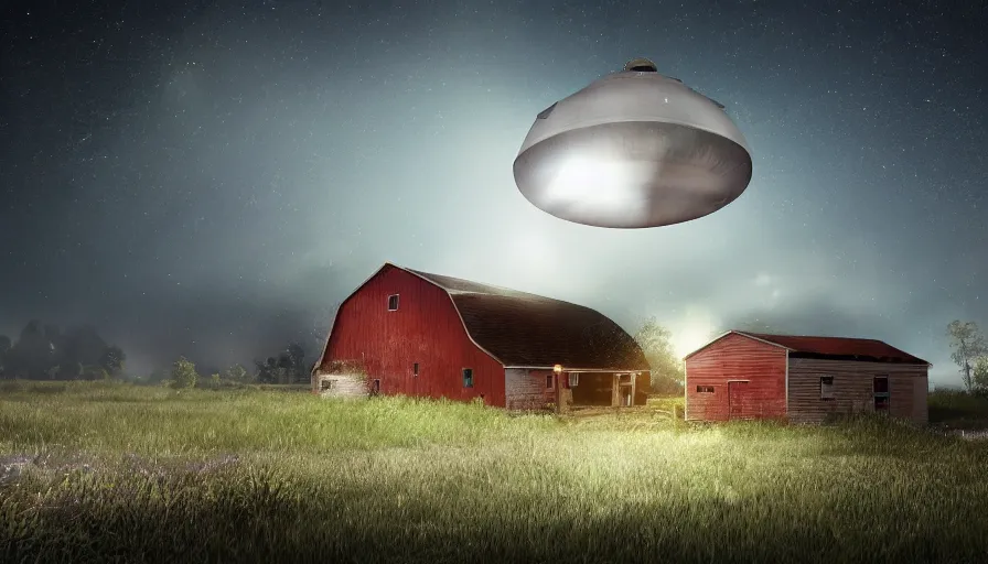 Image similar to a ufo floats over a barn with a broken roof, debris is ascending toward the ufo, volumetric lighting, night, photorealistic rendering, color palette, 8 k, hyperdetailed