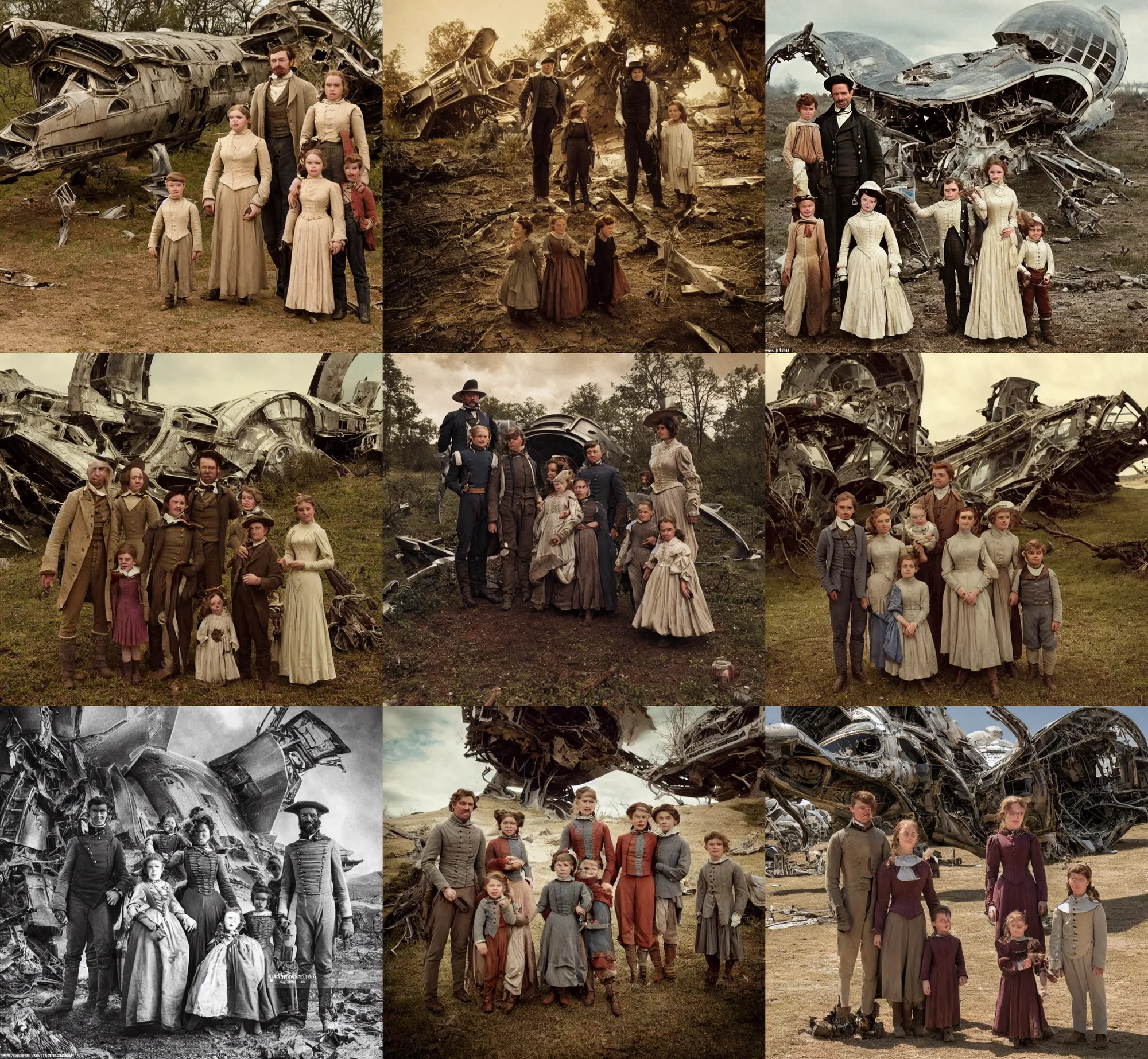 Prompt: extra sharp, detailed, from a blockbuster sci fi 8 k color movie still, set in 1 8 6 0, family standing in front of a crashed spaceship, on alien planet, looking happy, wearing 1 8 5 0 s era clothes, atmospheric lighting, in focus, reflective eyes, 3 5 mm macro lens, live action, nice composition, good photography, clear facial details