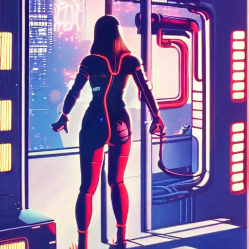 Image similar to cable plugged into cyberdeck, back of head, cyberpunk woman, computer, 1 9 7 9 omni magazine cover, style by vincent di fate, cyberpunk 2 0 2 0