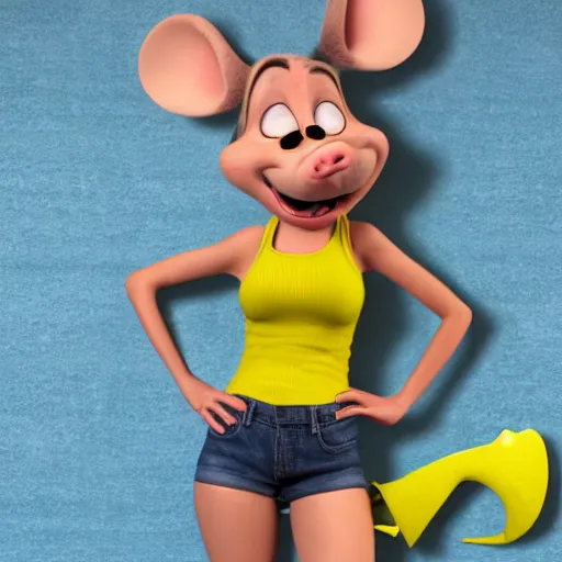 Image similar to 3 d render, portrait, upper body shot, mid shot, anthropomorphic mouse, female, wearing denim short shorts and a off yellow tank top shirt, in the style of flushed away