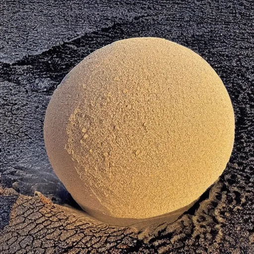 Prompt: A sphere made of sand levitating over a big puddle filglowing lava