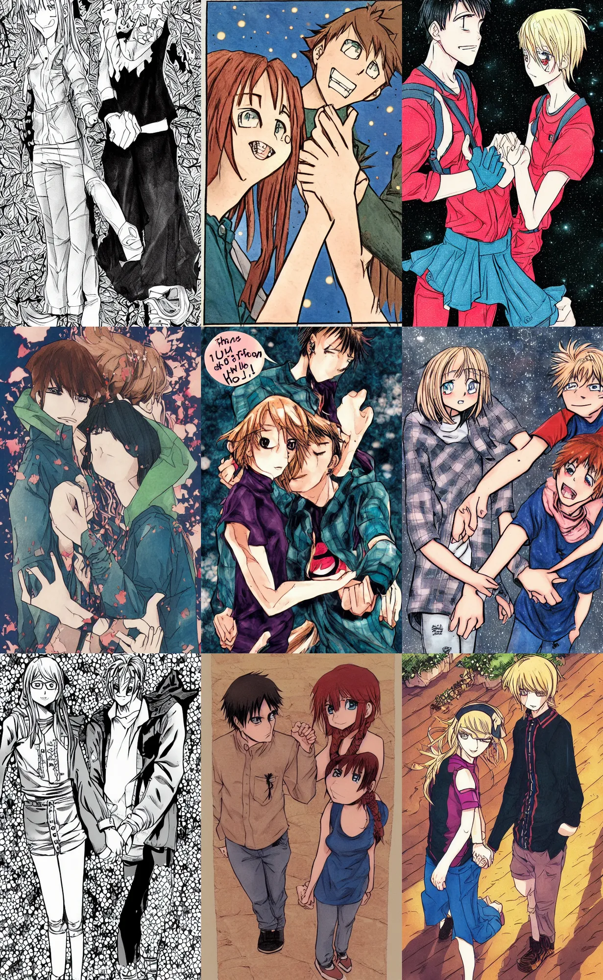 Prompt: sarah and aaron, manga page, holding hands, highly detailed, colored, front page, friendship