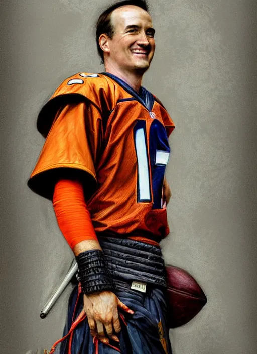 Prompt: formal portrait of samurai peyton manning, digital art by eugene de blaas, ross tran, and nasreddine dinet, vibrant denver broncos color scheme, intricately detailed, in the style of romanticism. artstation, greg rutkowski