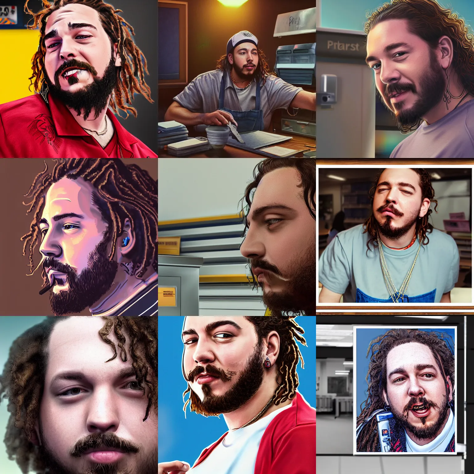 Prompt: a closeup photorealistic photograph of post malone working at a post office. bright scene. fine detail. this 4 k hd image is trending on artstation, featured on behance, well - rendered, extra crisp, features intricate detail, epic composition and the style of unreal engine.