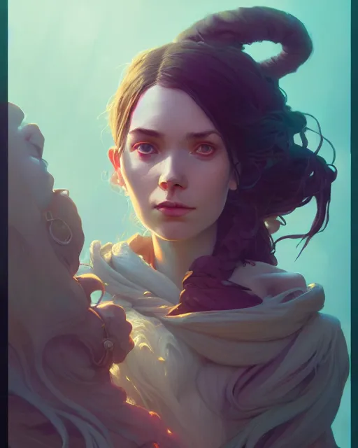 Image similar to highly detailed vfx portrait of a witch, unreal engine, greg rutkowski, loish, rhads, beeple, makoto shinkai and lois van baarle, ilya kuvshinov, rossdraws, tom bagshaw, alphonse mucha, global illumination, detailed and intricate environment