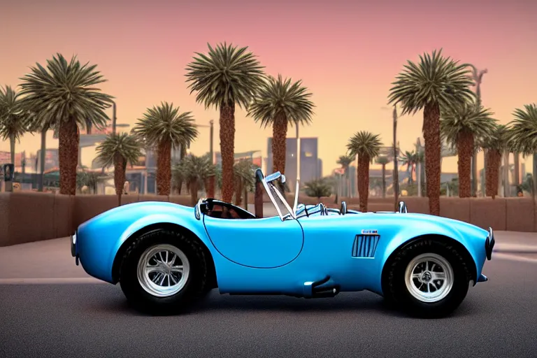 Prompt: a wholesome animation key shot of!! one!! focused!! ac cobra!!, pale blue with orange stripe, gulf colours, in las vegas street, medium shot, studio ghibli, pixar and disney animation, sharp, very detailed, high resolution, rendered in unreal engine 5, anime key art by greg rutkowski, bloom, dramatic lighting