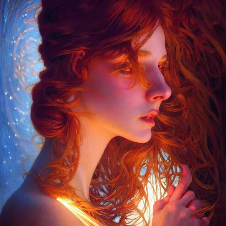 Prompt: bright asthetic portrait LSD glowing backlit, fantasy, intricate, elegant, dramatic lighting, highly detailed, lifelike, photorealistic, digital painting, artstation, beautiful woman, gorgeous face, illustration, concept art, smooth, sharp focus, art by John Collier and Albert Aublet and Krenz Cushart and Artem Demura and Alphonse Mucha
