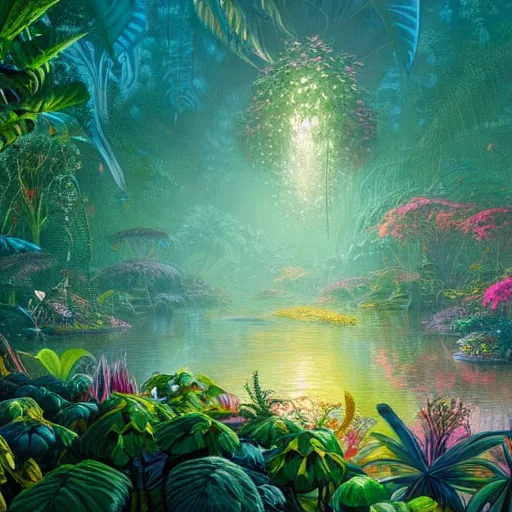 Prompt: a beautiful painting of jungle plants, flowers, river, surrounded by magical lighting, 4 k unreal engine renders, ultra - wide angle, by victo ngai, geof darrow, peter mohrbacher, johfra bosschart, thomas kinkade, hd, pastel color scheme, january, winter, night, midnight