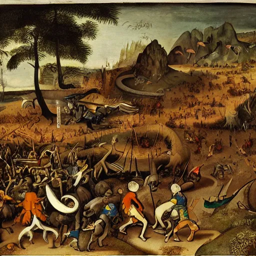 Image similar to adventurers battling a tyrannosaurus, in the style of pieter bruegel