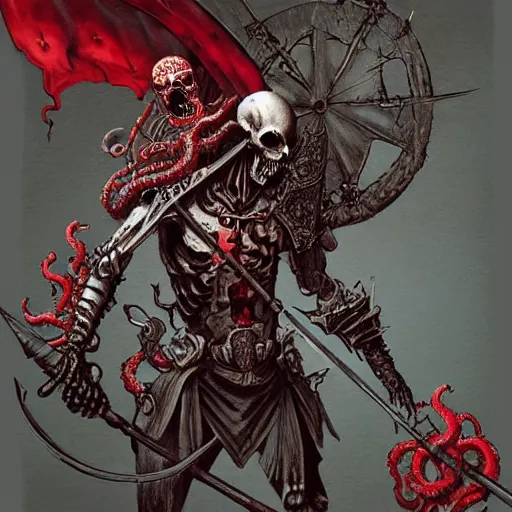 Image similar to skeleton holding a medieval shield and spear, d & d, surrounded by red evil death tentacles, hyper detailed, hyper realistic, dark atmosphere, full body, full frame, art by frank frazetta