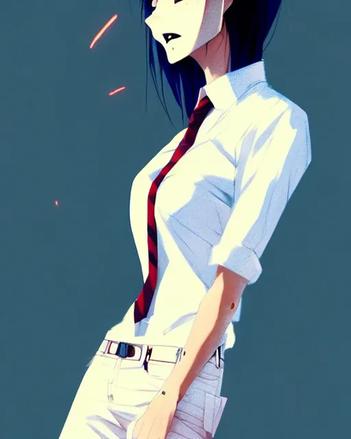 Prompt: a ultradetailed full body portrait of a woman dressed in a white shirt with a tie, detailed face, by conrad roset, greg rutkowski and makoto shinkai trending on artstation