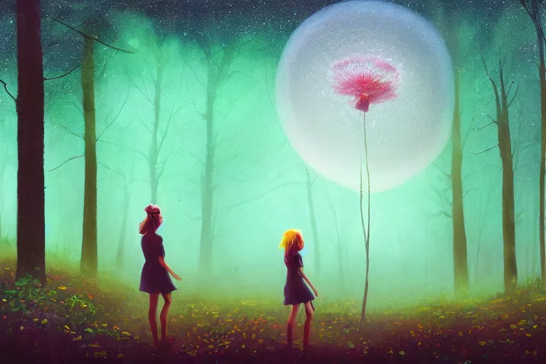 Image similar to giant daisy flower head, girl walking in a moonlit forest, hills, surreal photography, dark night, star trails, dramatic light, impressionist painting, clouds, digital painting, artstation, simon stalenhag