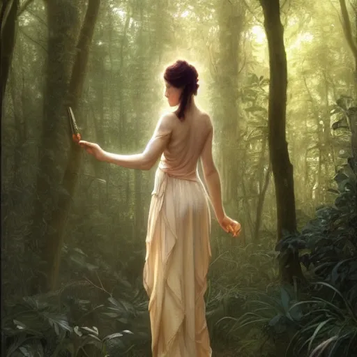 Image similar to painting of a mystic young girl in the forest, intricate, elegant, highly detailed, digital painting, artstation, concept art, smooth, sharp focus, illustration, art by artgerm and greg rutkowski and alphonse mucha and william - adolphe bouguereau