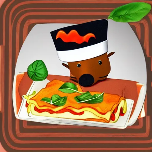 Prompt: cute platypus wearing a chef hat and holding a lasagna with three basil leaves over the lasagna, pixar style, ultradetailed, dramatic