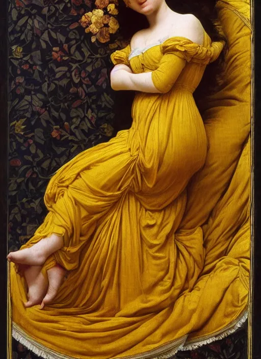 Image similar to masterpiece portrait of lady reclining on bed wearing yellow ochre ornate medieval dress, vertical, foreshortening, colour photography by frederic leighton, william morris, 8 k