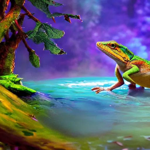 Image similar to highly detailed photograph of a lizard sitting in a steaming colorful hotspring with woodland forest backdrop, featured on artstation
