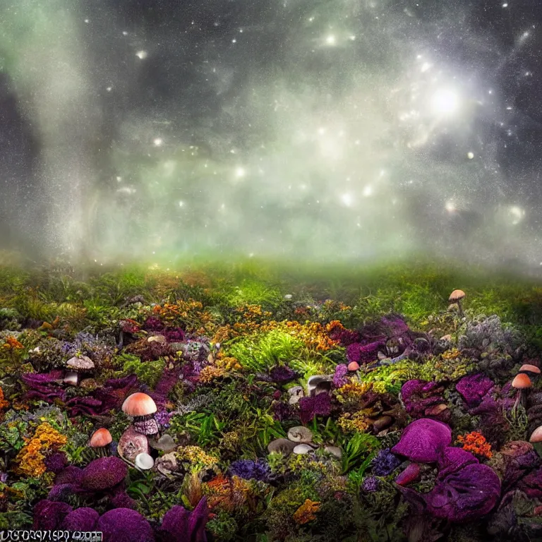 Image similar to a planet of various fungus, mushrooms, flowers and plants, inside the picture is infinity, Atmospheric, artistic photography, conceptual, long exposure outside the city, volumetric light