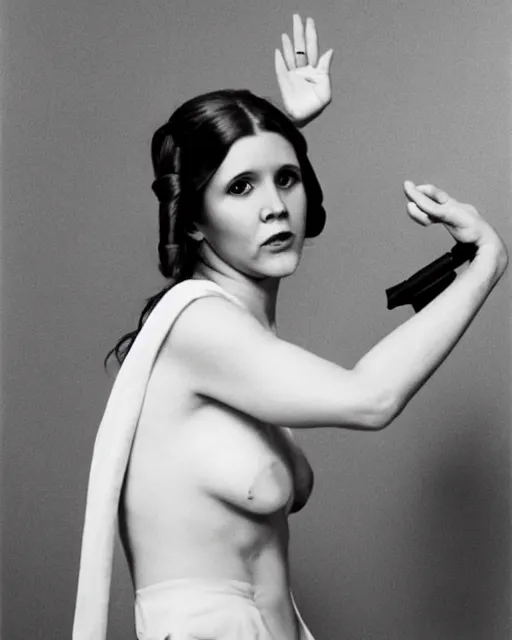 Prompt: carrie fisher photographed by helmut newton, 1977, studio photography, award winning, cdx