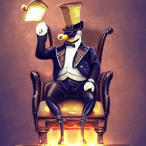 Prompt: oil painting of grumpy rich steampunk penguin sitting on fancy chair, wearing top hat, holding gold, steampunk factory background, sharp focus, fantasy style, octane render, volumetric lighting, 8k high definition, by greg rutkowski, highly detailed, trending on art Station, magic the gathering artwork, centered