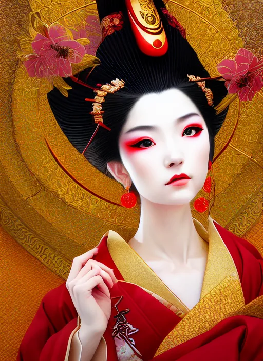 Prompt: dreamlike luxury stunning oiran portrait, red and gold kimono, art by artgerm, wlop, loish, ilya kuvshinov, 8 k realistic, hyperdetailed, beautiful lighting, detailed background, depth of field, symmetrical face, frostbite 3 engine, cryengine,