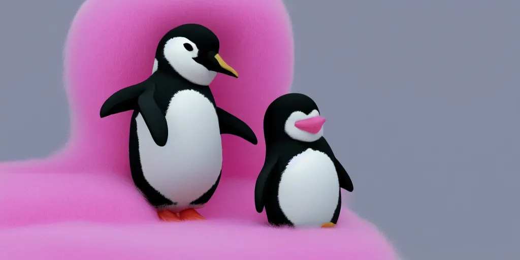 Prompt: cute realistic penguin sitting in an pink fluffy bed, unreal 5