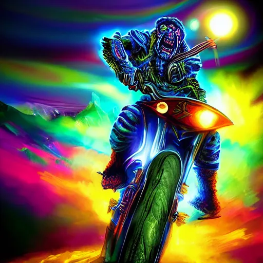 Image similar to psychedelic blacklight airbrush artwork, hyper stylized action shot of a menacing orc riding a motorcycle, hyper detailed ultra sharp, colorful soft airbrushed artwork, black background, digital painting, smooth, sharp focus, cgsociety, artstation