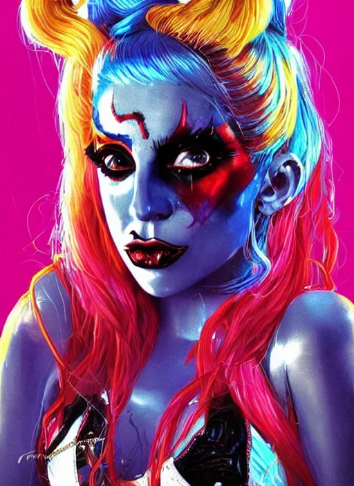 Image similar to beautiful lady gaga as harley quinn, horror, high details, bright colors, vivid, intricate details, by vincent di fate, artgerm julie bell beeple, 1 9 8 0 s, inking, vintage 8 0 s print, screen print