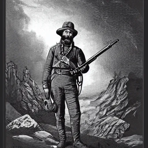 Prompt: 19th century scruffy american trapper holding a rifle, on mars, pulp science fiction illustration