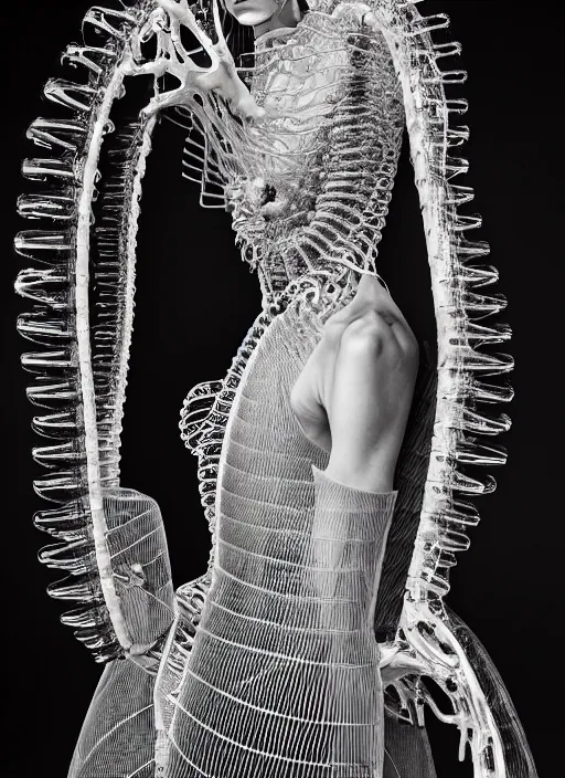 Image similar to walking down the catwalk, steven klein, show, stage, vogue photo, podium, fashion show photo, historical baroque dress, iris van herpen, beautiful woman, full body shot, masterpiece, intricate, wires, veins, jellyfishs, biopunk, guyver, highly detailed