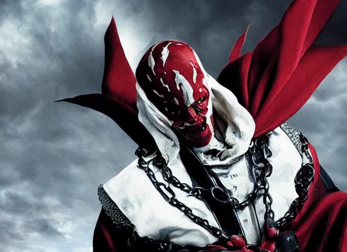 Image similar to film still of jamie foxx as spawn in the new spawn movie, giant chains, large cape, 8 k