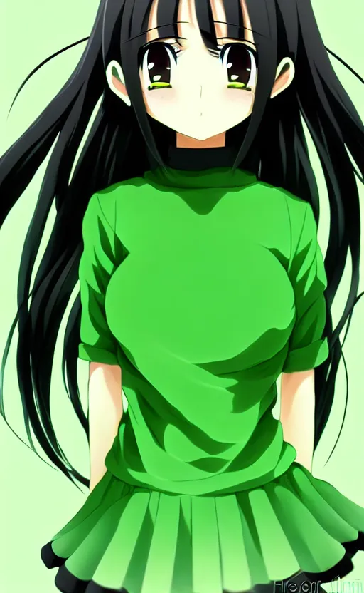 Image similar to anime girl with a detailed face and black hair in a green outfit, full body, trending, low angle, worms eye view, illustration,