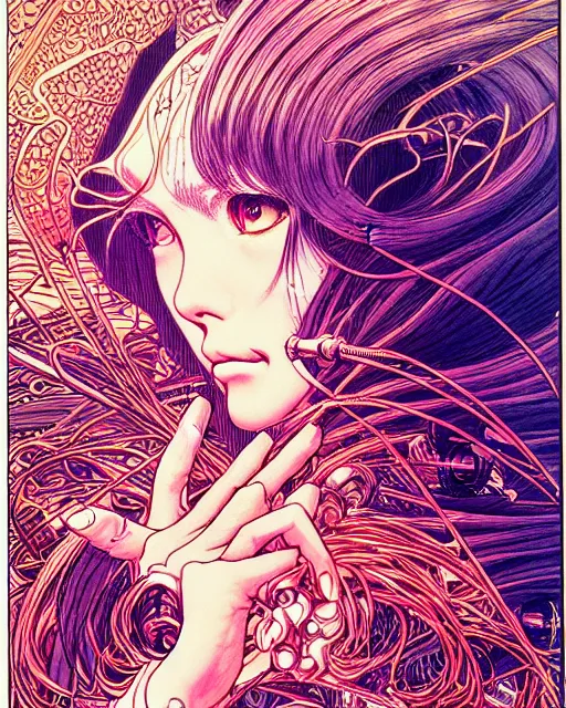 Image similar to hyper detailed illustration of a beat producer, intricate linework, lighting poster by moebius, ayami kojima, 9 0's anime, retro fantasy