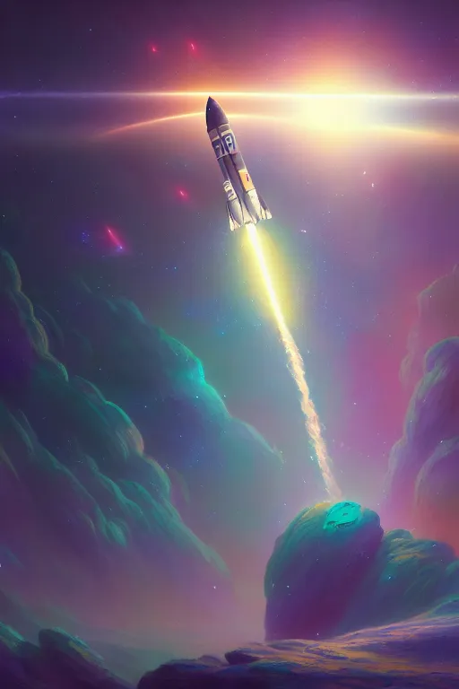 Image similar to a space rocket using dreams as it's fuel launching from the candy land, extremely detailed digital painting, in the style of fenghua zhong and ruan jia and jeremy lipking and peter mohrbacher, mystical colors, rim light, beautiful lighting, 8 k, stunning scene, raytracing, octane, trending on artstation