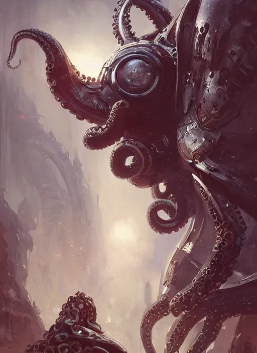 Image similar to An octopus wearing medieval knights armor but at the same time looking cyberpunk, intricate, elegant, digital painting, concept art, smooth, sharp focus, illustration, from StarCraft by Ruan Jia and Mandy Jurgens and Artgerm and William-Adolphe Bouguerea