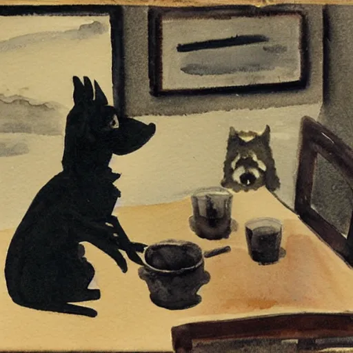 Image similar to a watercolor of a small black dog drinking beer by charles e. burchfield