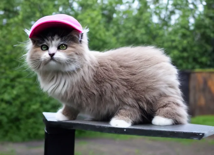 Prompt: smol fluffy cat wearing smol cap, light rain