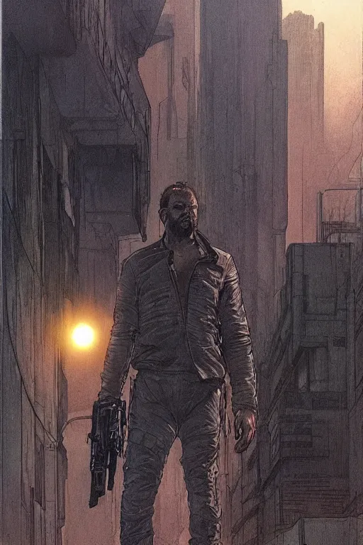 Image similar to vernon. Blade runner 2049 mercenary. concept art by James Gurney and Mœbius.