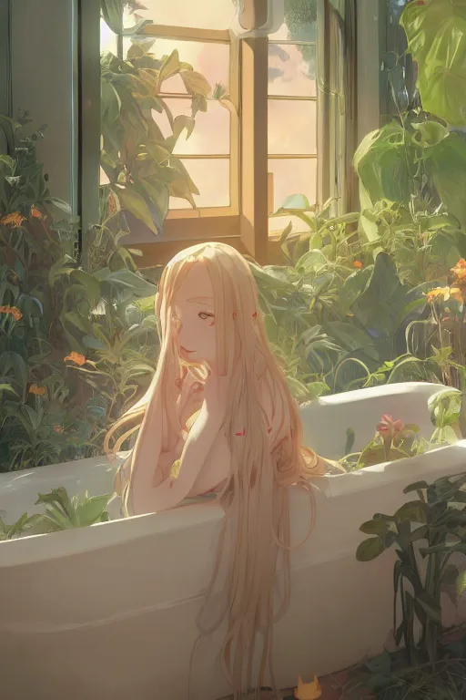Prompt: a girl with long white hair lying in a bathroom bath at afternoon, plants, astronomical telescope, green and orange theme by krenz cushart and mucha and makoto shinkai and akihito yoshida and greg rutkowski, 4 k resolution